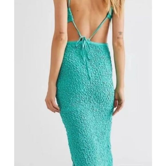 Free People Za Za Midi Maxi Dress Fitted Cutout Puckered Smocked Green Blue - Picture 4 of 6